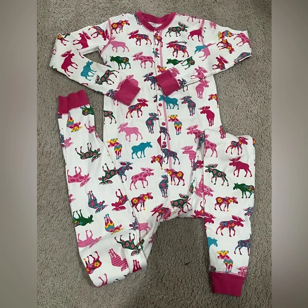 HATLEY LITTLE BLUE HOUSE MOOSE PATTERNED KIDS UNION SUIT PAJAMAS, GIRLS SIZE 10